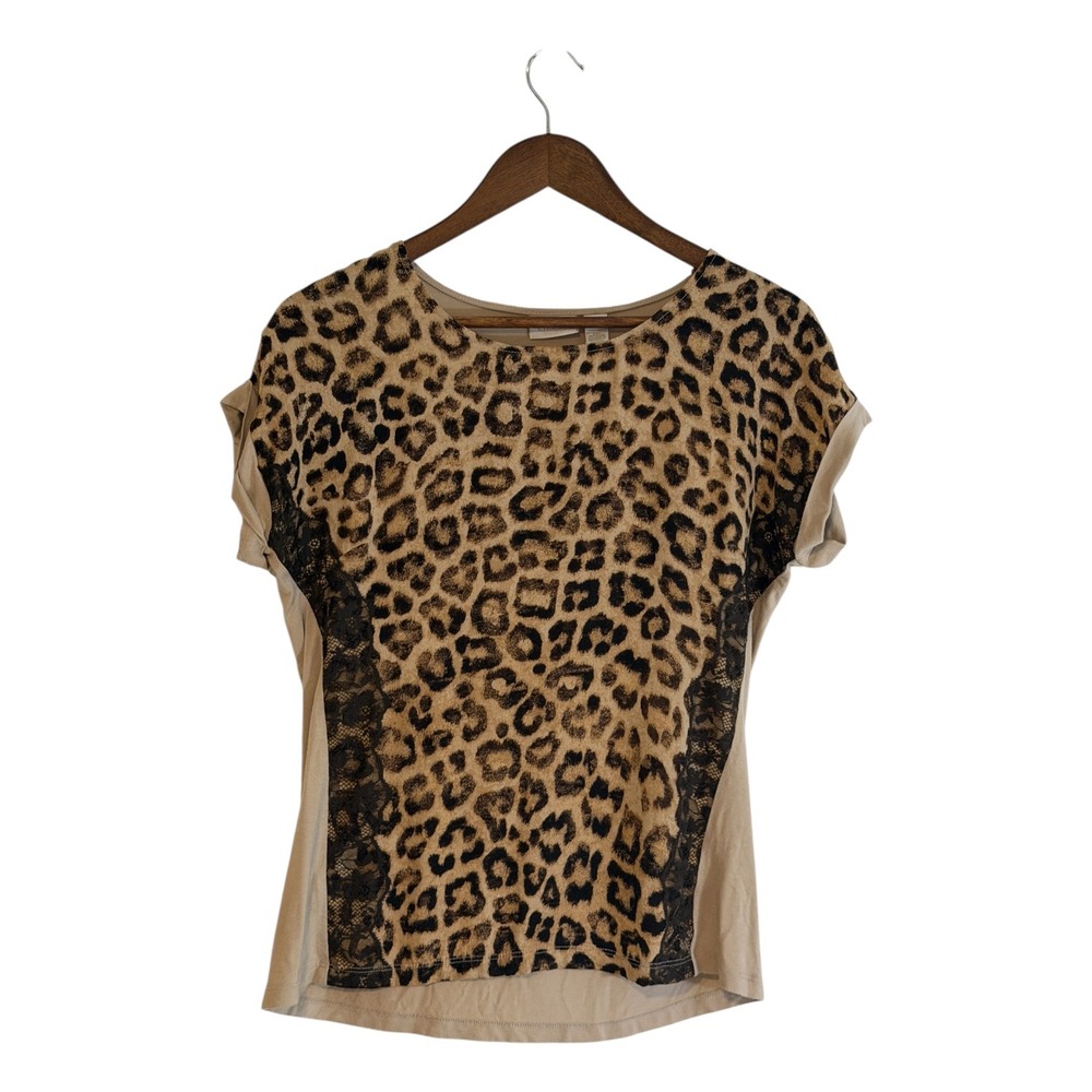 Chico's Leopard Print Short Sleeve Top Beige SMALL Womens Lace Trim Animal Print